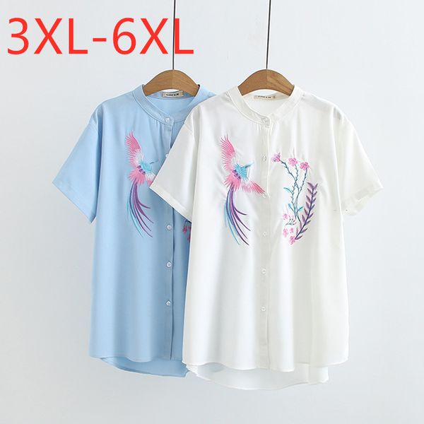 

новая 2020 дам лето плюс размера вершины для женщин большой блузки с коротким рукавом случайной свободной цветочных вышивок рубашка 3xl 4xl, White