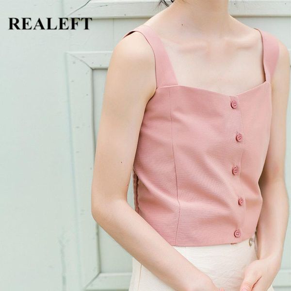 

realeft new 2020 summer button chic women's tank female solid simple korean style casual sleeveless vest tee, White