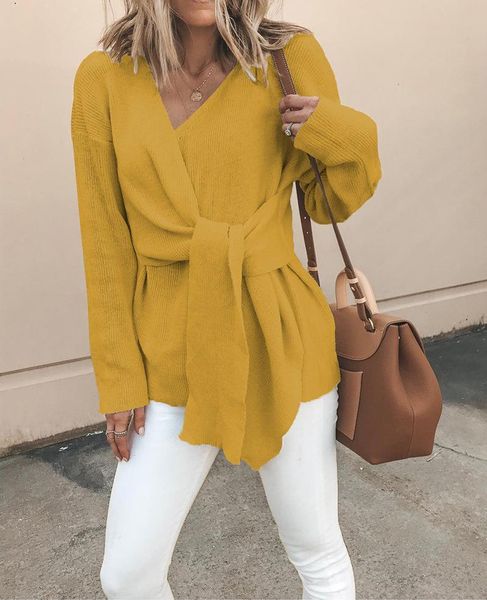 

goodstus large size autumn winter knitted sweater women fall 2019 long sleeve v neck criss cross bow wrap sweaters winter, White;black