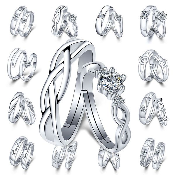 Ajuste o casal de prata ajust￡vel Diamond Heartbeat Love Rings Forever Aning