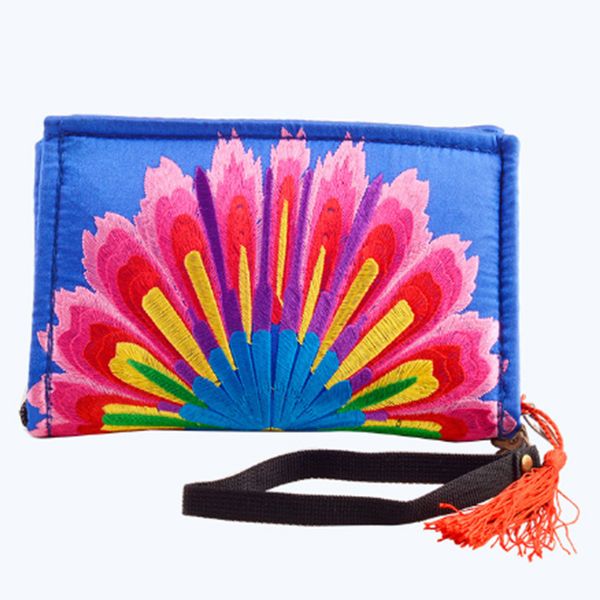 

female national boho indian thai embroidered wallet clutch purse bag floral long design canvas ethnic style purse card holder, Red;black