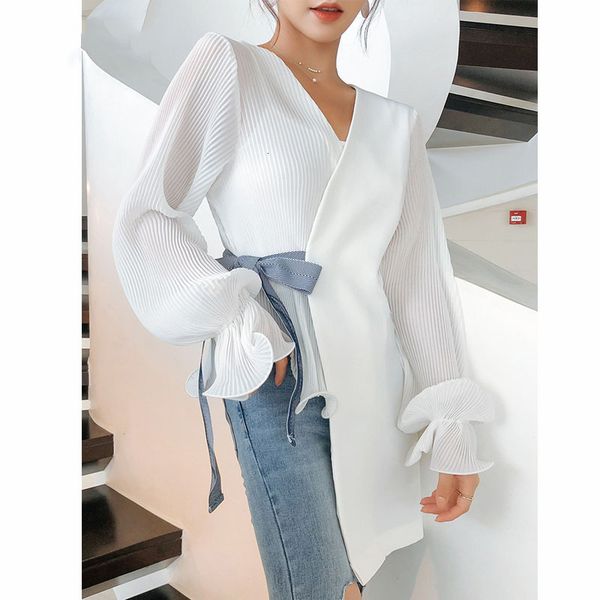 

womens women blouses white irregular women blouse patchwork v neck harajuku solid blusas bow belted elegant office cardigan