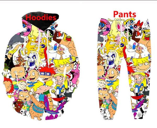 Intero - Nuovi personaggi dei cartoni animati da donna degli uomini di moda anni '90 Felpa da jogging Divertente stampa 3D Felpe con cappuccio unisex Pantaloni ZZ031270y