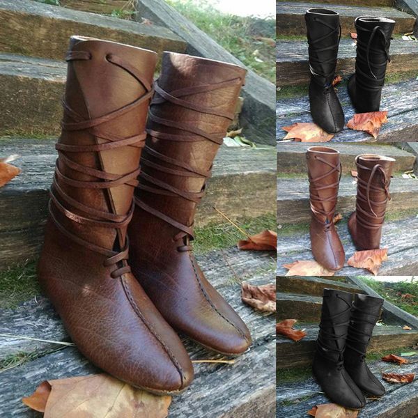

couple's fashion shoes boots cross-strap flat bottomed shoes middle-tube boots vintage men's and women's and laces newf104, Black