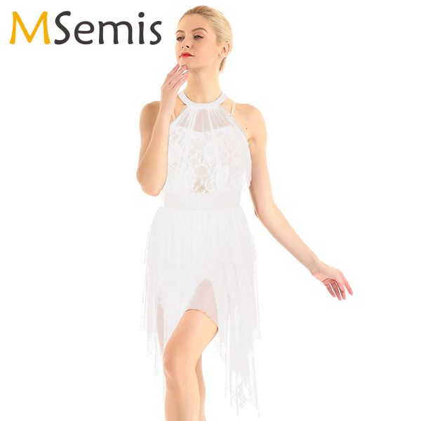 

stage wear women ballet dress asymmetric leotard lyrical dance halter neck lace bodice figure skating ice ballerina, Black;red