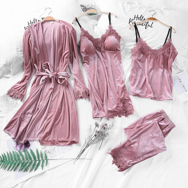 

4 pcs velvet pajamas warm winter pajamas sets sleepwear sleeveless pleuche nightwear for pajama party women lace robe, White;black