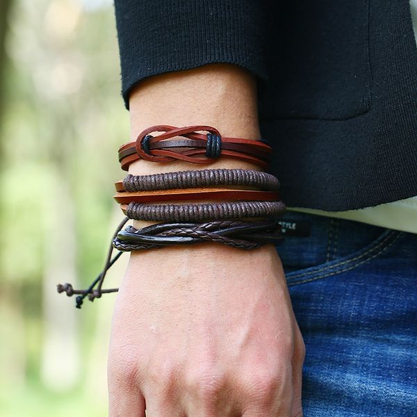 

jessingshow vintage genuine leather bracelet diy hand-knitted multi-layer leather bracelet and fashion men's gift, Black