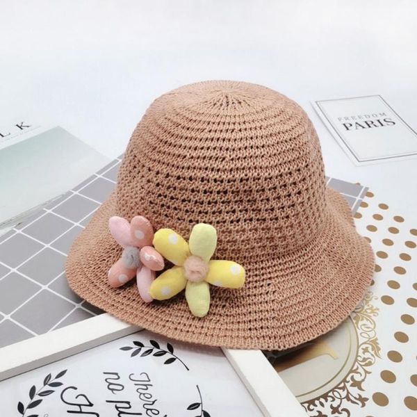 

315#3-5 years baby girl summer hat children flowers breathable solid straw hats baby pgraphy props spring cap accessories, Yellow