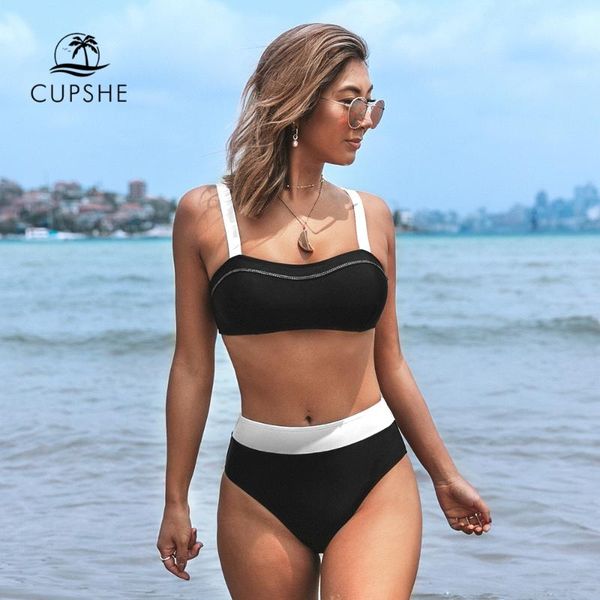 

cupshe black and white bandeau high waited bikini sets padded swimsuit two pieces swimwear women 2020 beach bathing suits