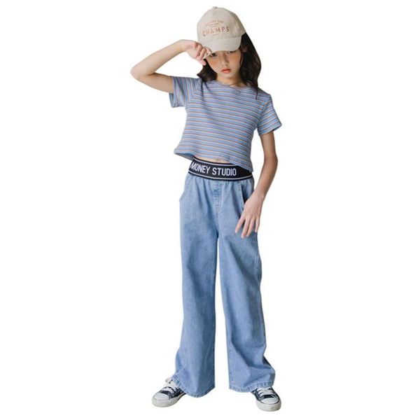 

yourseason girls summer autumn fashion kids girls stripe tshirt o neck and wide leg jeans casual teenage girl two piece set, White