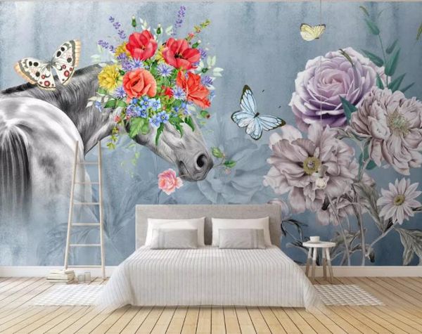 Wall Papel 3D Mural Mural Custom Quarto Decoração Casa HD HD Nordic Modern Art Cavalo Flor Flor Living Ro 3D Papel de Parede TV Wall