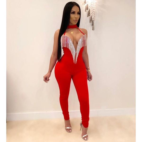 

2019 blue black backless halter v neck bandage jumpsuit fashion tassel red bodycon sleeveless solid club party women jumps, Black;white