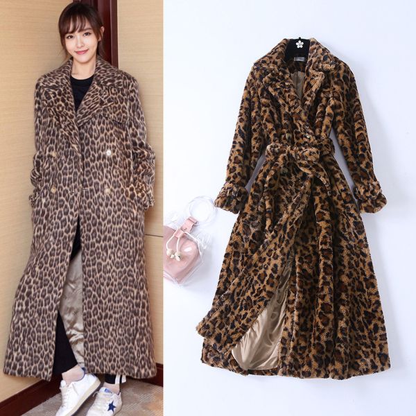 

женщины leopard зима длинные пальто элегантные street sexy теплое тепловое шинель velvet плюшевые шаль пальто дамы корейский верхняя одежда, Black
