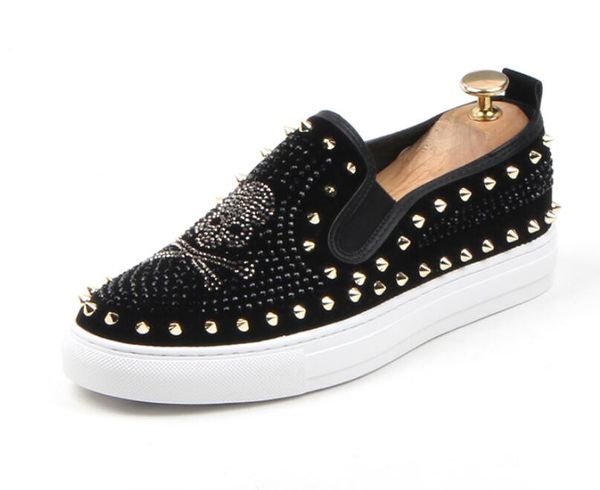

new men's brand designer shoes male tudded spike loafer casual dress flat shoes lazy person slip-on gold casual shoes axx549, Black