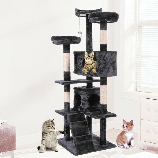 

60" cat tree tower condo furniture scratching post pet kitty play house black