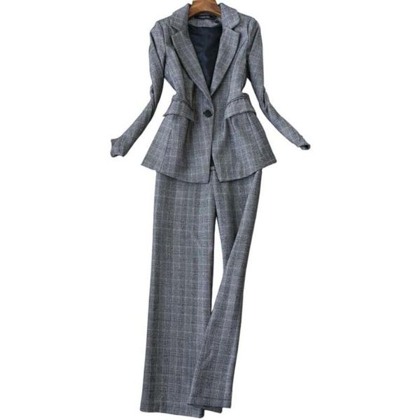 

мода клетчатый костюм костюм женщины осень зима новый плед тонкий шерстяной жакет + широкие брюки ноги из двух частей женщин, White