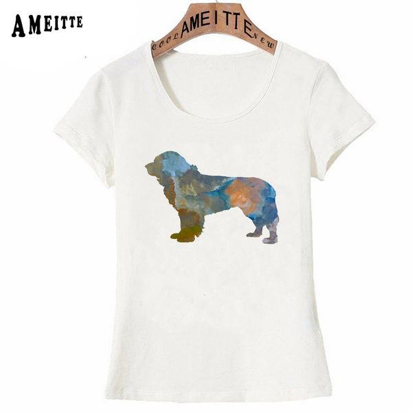 

newfoundland dog watercolor painting t-shirt new summer women t-shirt lovely girl casual tees cool woman short sleeve, White