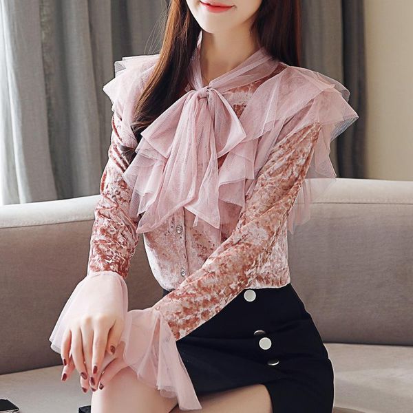 

новая осень зима женщины тонкий лук кружева бархатная рубашка с длинным рукавом блузки женские рубашки base пассивом, White