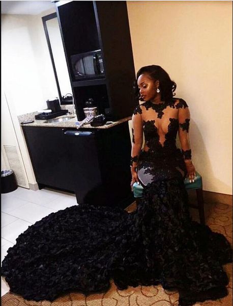 

2018 2018 mermaid prom dresses high neck cap sleeves 3d floral flowers lace long chapel train formal party dress evening gowns, Black