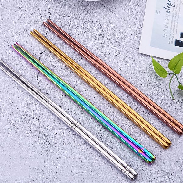 

4 color korean 304 stainless steel chopsticks six ring color chopsticks round anti-slip hollow chinese chopsticks kitchenware t2i5221