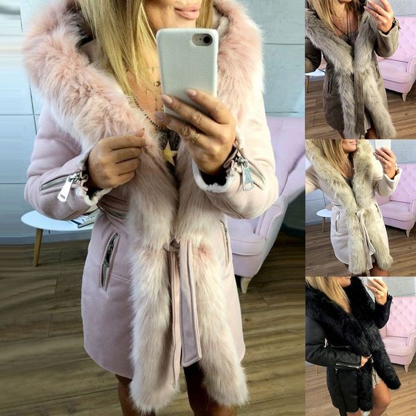 

winter coat women hoodies hoody jackets chaqueta mujer plush collar solid belt parkas 2019 fur outwear autumn jacket plus size, Black