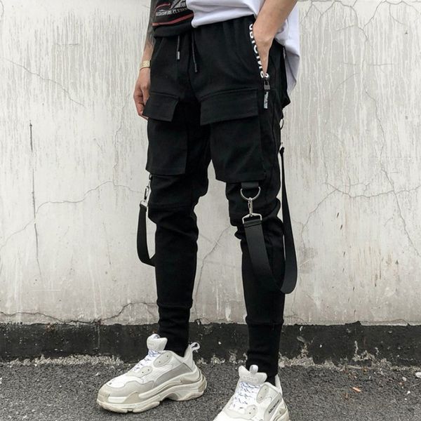 

streetwear trousers men side pockets hip hop pants solid cargo pants men fashion d91108, Black
