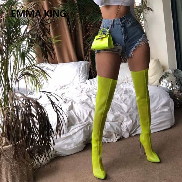 

2019 new mesh neon high heel gladiator boots over the knee neon lime square heel sock boot women boots long, Black