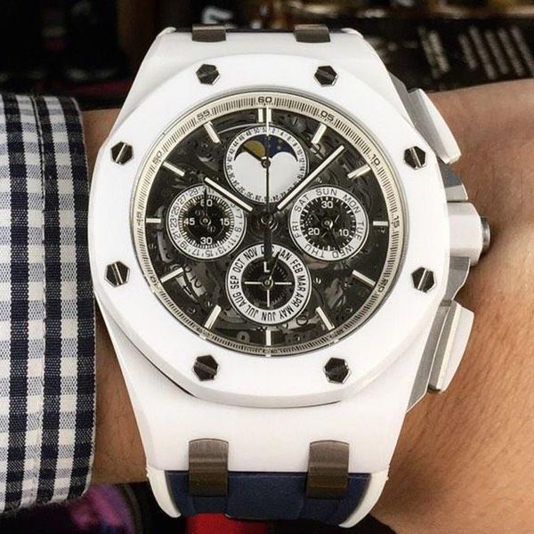 

новейшие роскошные часы белого цвета royal oak мужские наручные часы с японским кварцевым механизмом, 45-мм керамический корпус, топ качеств, Slivery;brown