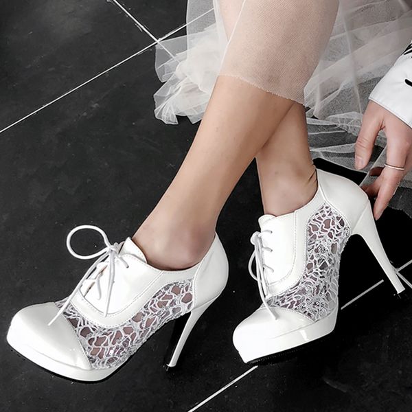 

sarairis lace high heels pumps woman elegant lace up round toe platform thin high heels women shoes woman large size 43, Black