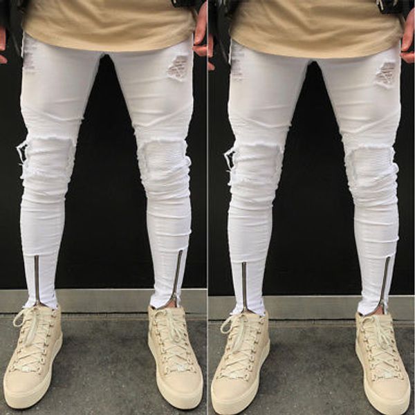 

мужчины стильные рваные поцарапанные джинсы брюки байкер тощий тонкий прямой джинсовый карандаш длинные брюки леггинсы pantalon s-3xl белый, Black