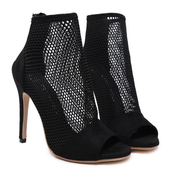 

high-heel women sandals mesh boots back zip ladies shoes party peep toe lady women shoes for walking zapatos de mujer, Black