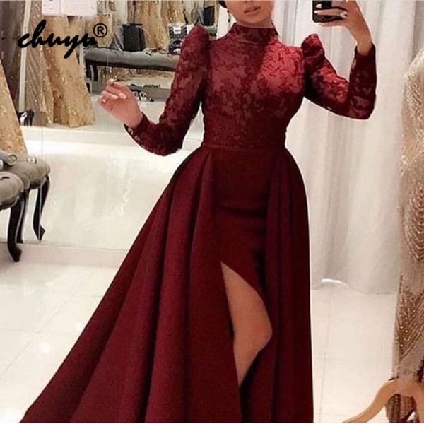 

burgundy muslim evening dresses lace slit illusion vestido de festa islamic dubai saudi arabic evening gown prom dress, White;black