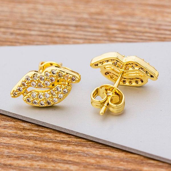 

gold color lips design mouth cubic zirconia stud earrings copper cz modern jewelry for women earrings gift, Golden;silver