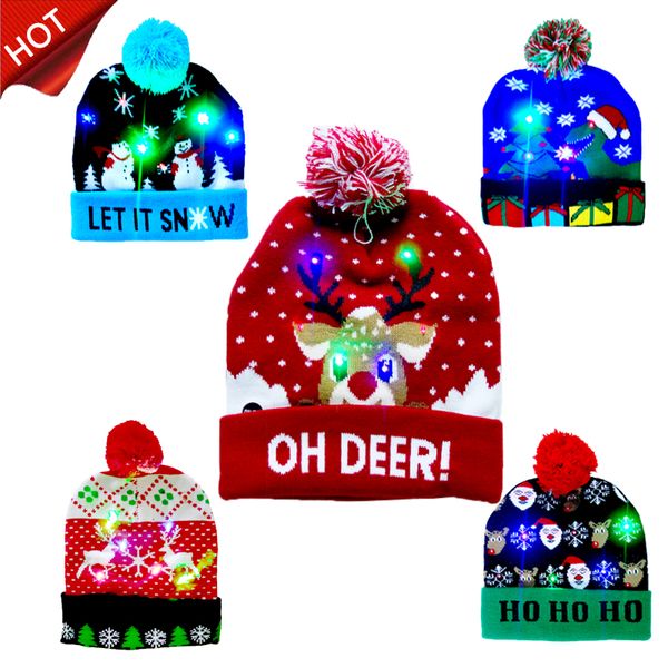 

2020 10 designs led christmas hat beanie sweater christmas santa hat light up knitted hat for kid for christmas, Blue;gray