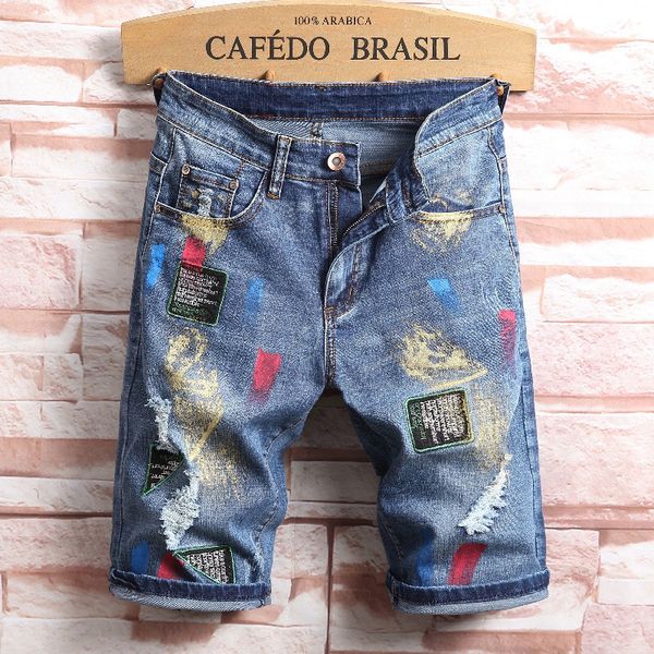 

new design ripped denim knee length straight pantalones rotos jeans homme short jeans men, Blue