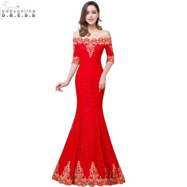 

gold lace appliques red mermaid prom dresses long lace half sleeve prom dress vestido de festa longo, White;black