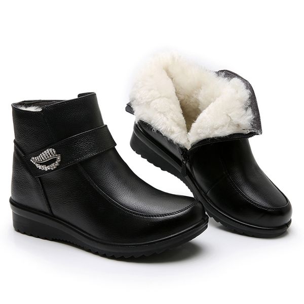

genuine leather winter shoes women real wool fur flats snow boots warm furry boots womens shoes botas mujer p153, Black