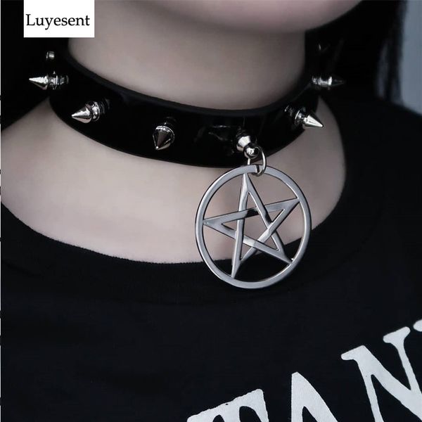 

black punk women cool pu pendant necklace 2020 goth iron alloy pentagram hexagonal star adjustable buckle rivet choker necklace, Silver