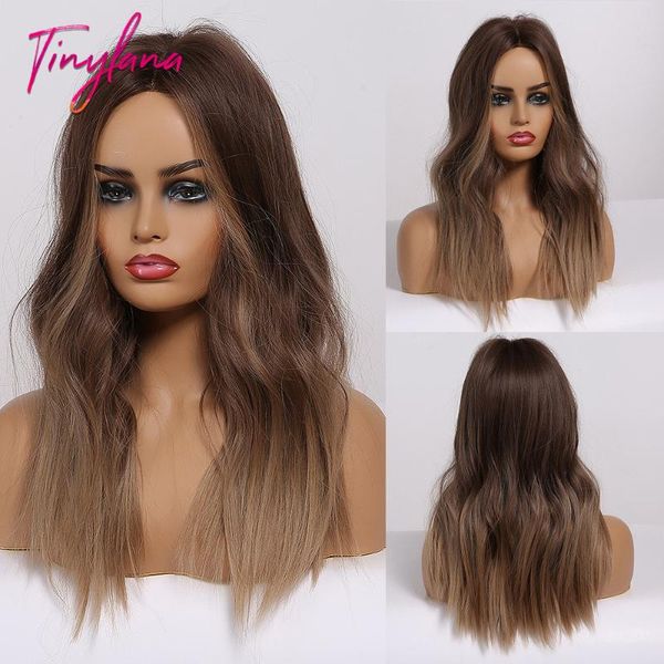 

tiny lana medium-length middle part wavy ombre black brown honey highlight synthetic wigs for woman cosplay&daily heat resistant