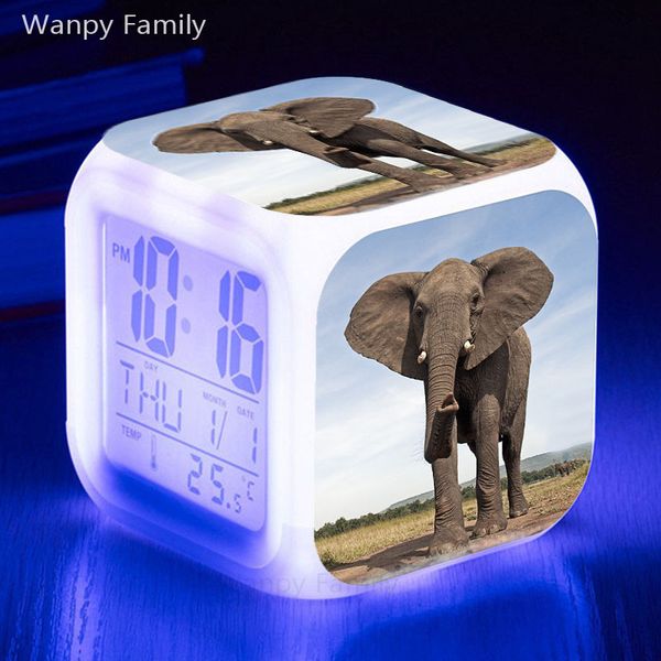 

africa elephant alarm clock 7 color glowing led touch sensing alarm clock kids room multifunctio digital flash watches