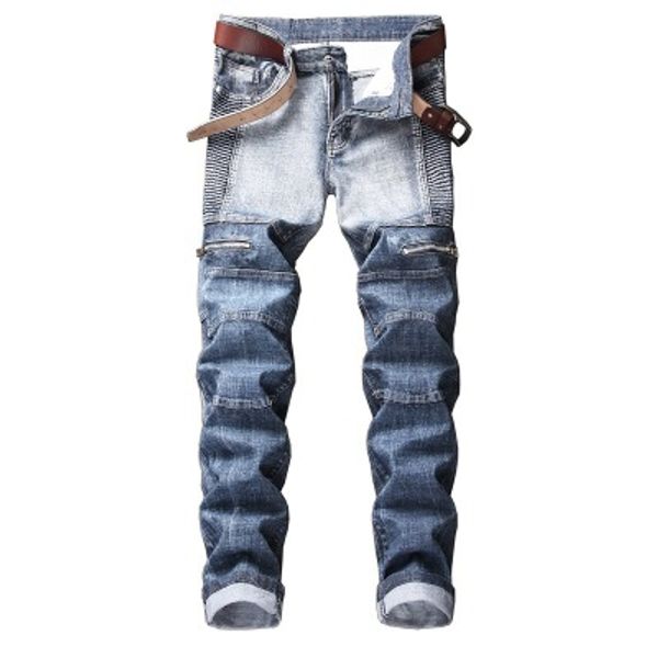 

new fashion trend european and american men's trousers street motorcycle personality wrinkle stitching slim stretch men's jeans, Blue