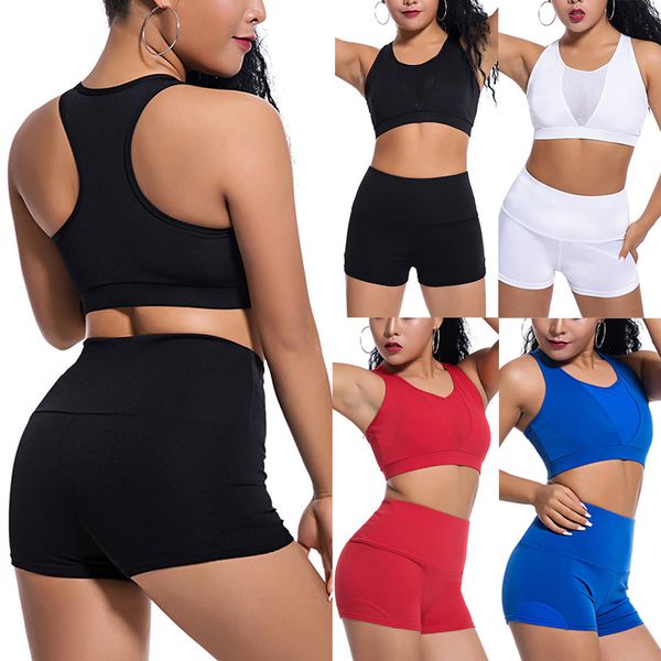 

women yoga set 2pcs female belt suit set bra sleeveless tank shorts fitness running yoga gym sports clothes, White;red