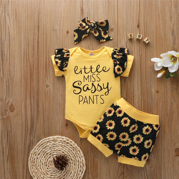 

3pcs newborn infant baby girls letter ruffle romper sunflowers shorts headbands outfits toddler kids girl clothing summer, White
