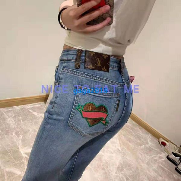 

high end women girls denim pant jeans embroidery monogram letter heart casual straight pencil pants runway fashion design luxury trousers, Black;white
