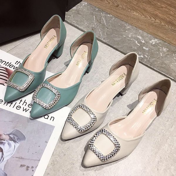 

sabot talons hauts 2020 women pumps pointed toe rhinestone square heels casual female shoes cover heels zapatillas mujer, Black
