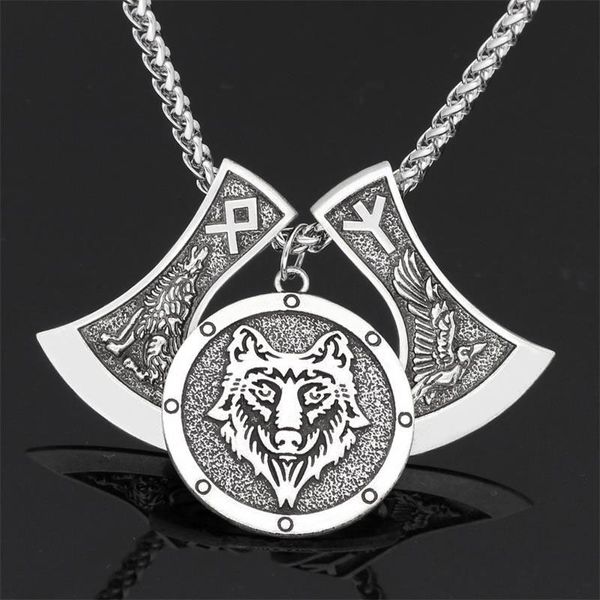 

pendant necklaces men's viking wolf head axe amulet necklace raven rune long neck chain national jewelry boyfriend gift, Silver