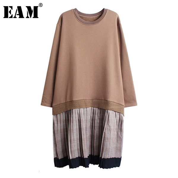 

eam] women pleated contrast color big size dress new round neck long sleeve loose fit fashion tide spring autumn 2019 1k111, Black;gray