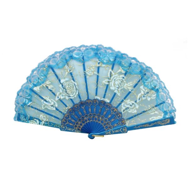

new lace side rose flower dance folding fan light blue