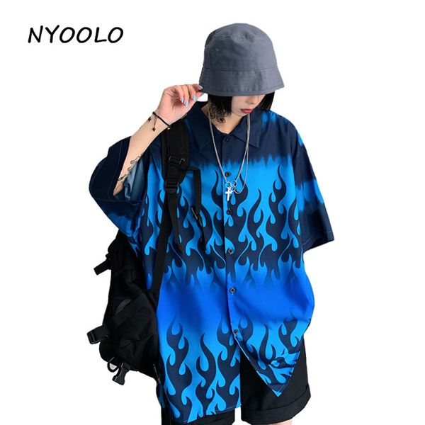 

nyoolo harajuku style blue flame loose boyfriend shirt summer streetwear short sleeve cardigan shirt women men clothingtop, White