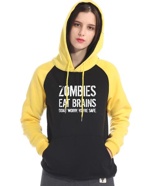

2019 woman's pullovers zombies eat brains so you're safe sweatshirts women brand tracksuits raglan sleeve hoodies kpop pullovers, Black